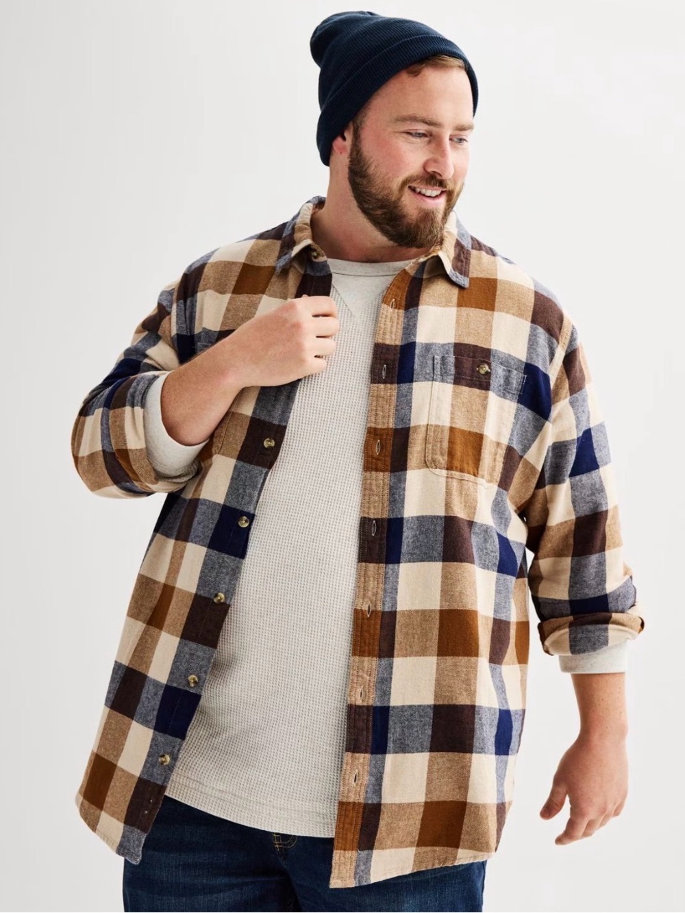 Sonoma Men's Brown, Navy & Cream Plaid Button-Down Flannel Shirt read⬇️